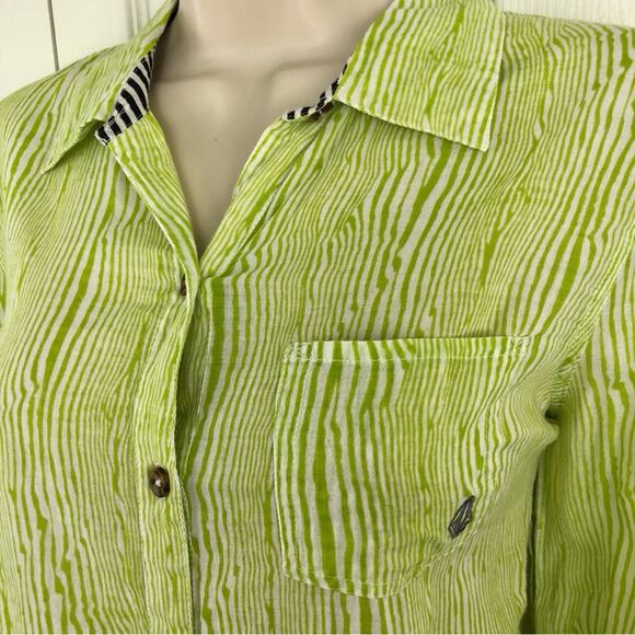 Vintage Y2k Volcom Lime Green Cream Long Sleeve Shirt Top Stitch Accents - Picture 3 of 16